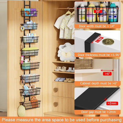 Hongtamoya Over The Door Organizer, Hanging Door Organizer with 5 Metal Baskets, Behind The Door Storage for Pantry Closet Bedroom Bathroom Cabinet Kitchen, White