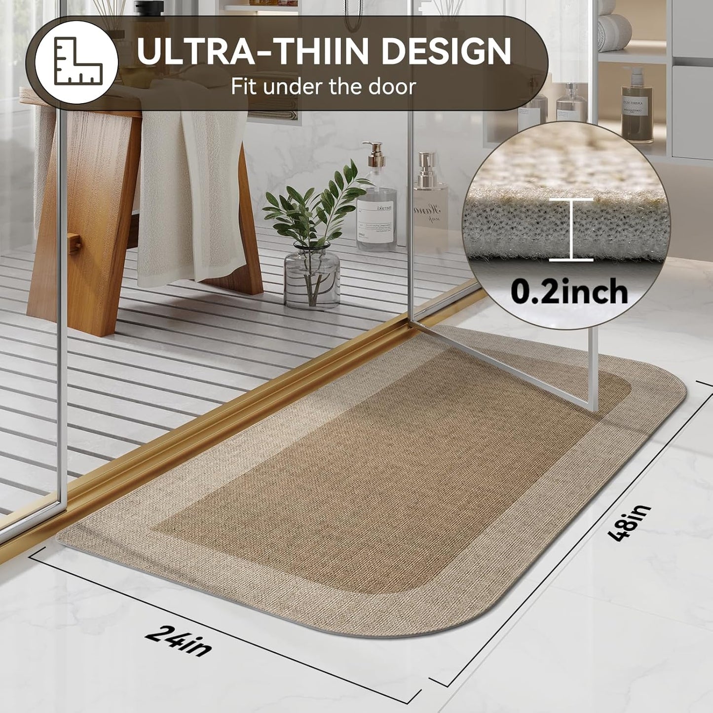 YDKGL Ultra Thin Bathroom Rugs Mat Quick Dry Absorbent Non Slip Bath Mat Bath Mats for Bathtub Mat Bathroom Carpet Fit Under Door Washable Floor Rubber Half Round Bath Rugs Grey 16x24