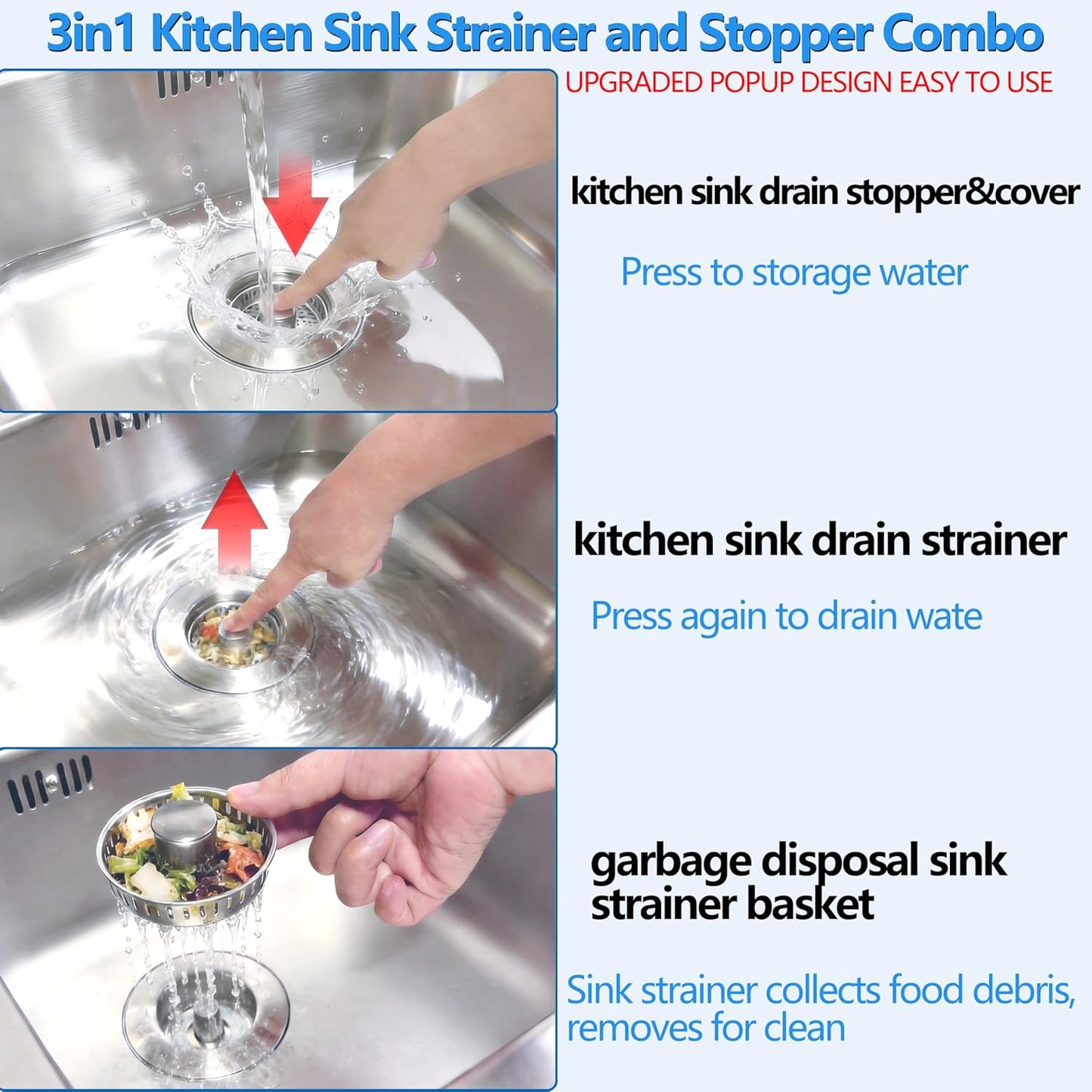 Kitchen Sink Drain Strainer for 3-1/2 Inch Drain Hole, 3-in-1 304 Stainless Steel Pop-Up Sink Strainer and Stopper with Anti-Clog Filter Basket & Food Catcher (Silver, 1 Pack)