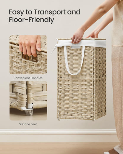 SONGMICS Laundry Hamper with Lid, 23.8 Gallon (90 L) Synthetic Rattan Clothes Laundry Basket with Lid and Handles, Foldable, Removable Liner, Chestnut Brown ULCB051K02