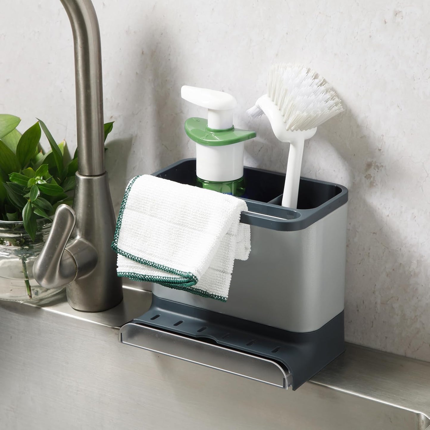 Gibson Home Ledgebrook Sink Caddy With Metal Panel, Sponge Holder for Kitchen Sink, Countertop Organizer and Storage Essentials With Drain Board