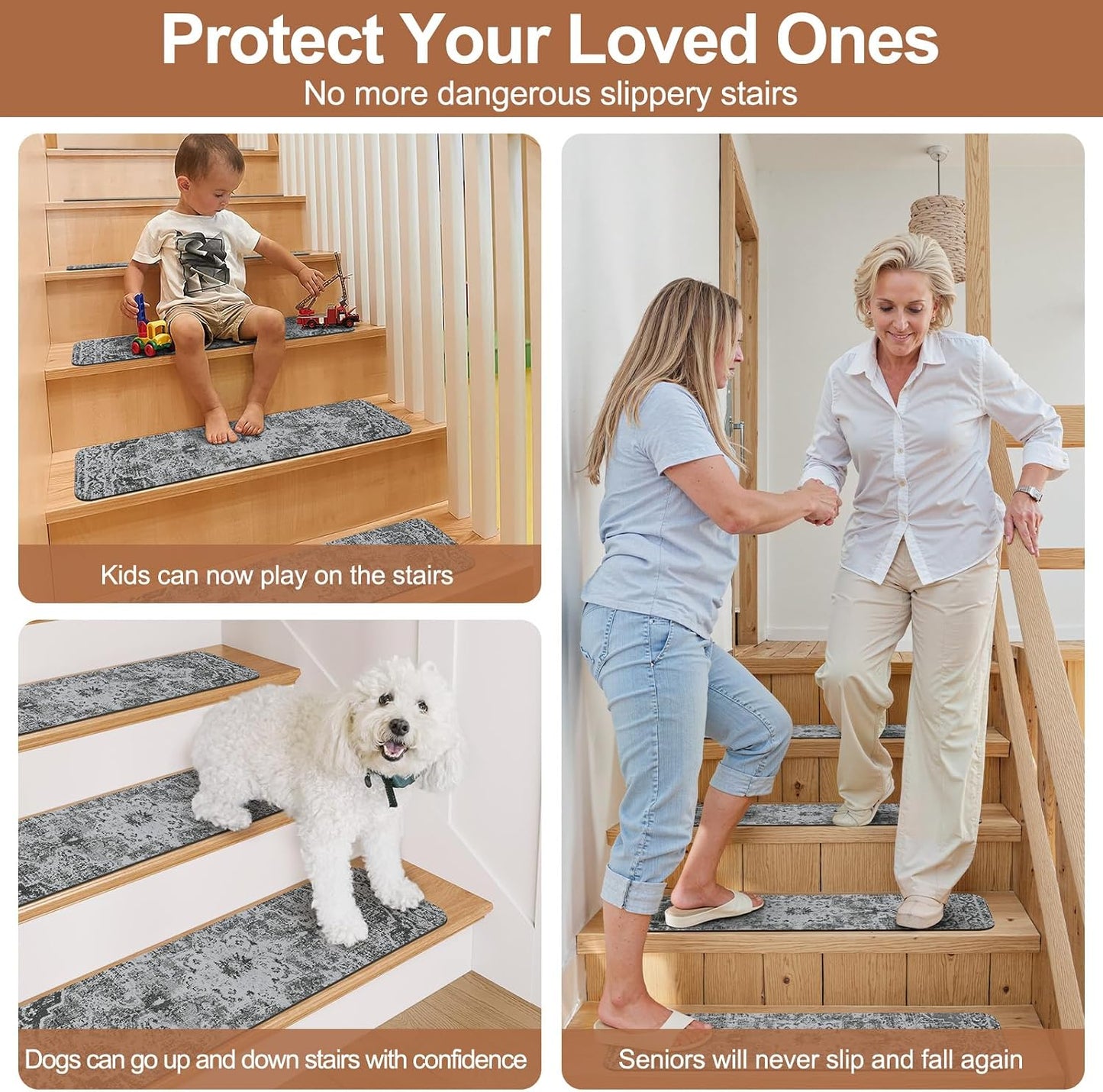 OJIA Non-Slip Carpet Stair Treads for Wooden Steps Set of 15, 30''X8'' Indoor Runner Resistant Rugs Rubber Safety Mats for Dogs, Kids & Elders, Stairway Grip