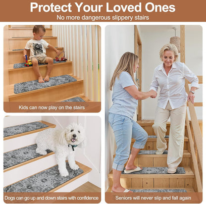 OJIA Non-Slip Carpet Stair Treads for Wooden Steps Set of 15, 30''X8'' Indoor Runner Resistant Rugs Rubber Safety Mats for Dogs, Kids & Elders, Stairway Grip