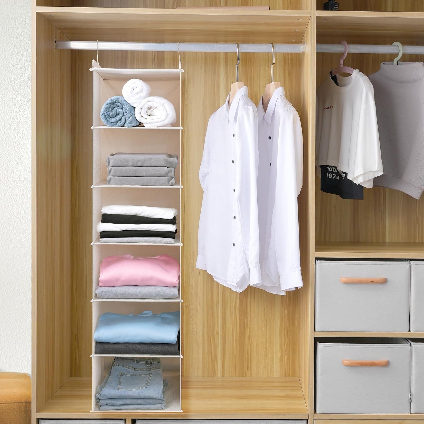Large Hanging Sweater Organizer for Closet,Collapsible 6-Shelf Hanging Closet Shelves with Drawers, Washable (Grey-6 Shelf)