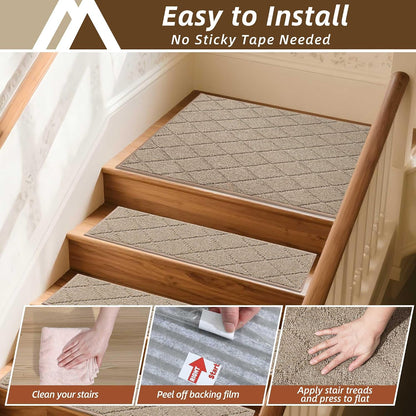 COSY HOMEER Edging Stair Treads Non-Slip Carpet Mat 28inX9in Indoor Stair Runners for Wooden Steps, Edging Stair Rugs for Kids and Dogs, 100% Polyester TPE Backing(4pc, Beige)