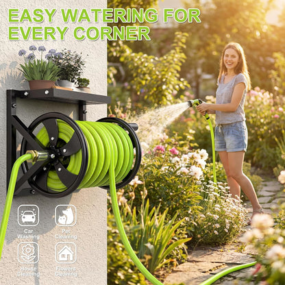 Wall Mounted Garden Hose Reel for Outside, Holds 130-Feet of 5/8-Inch Hose