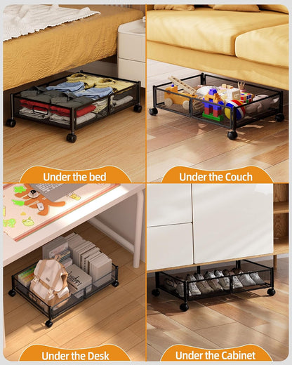 Under Bed Storage with Wheels, Foldable Metal Under Bed Storage Containers, 60L Rolling Underbed Storage, Easy Assembly Under The Bed Storage for Bedroom Clothes Shoes Blankets
