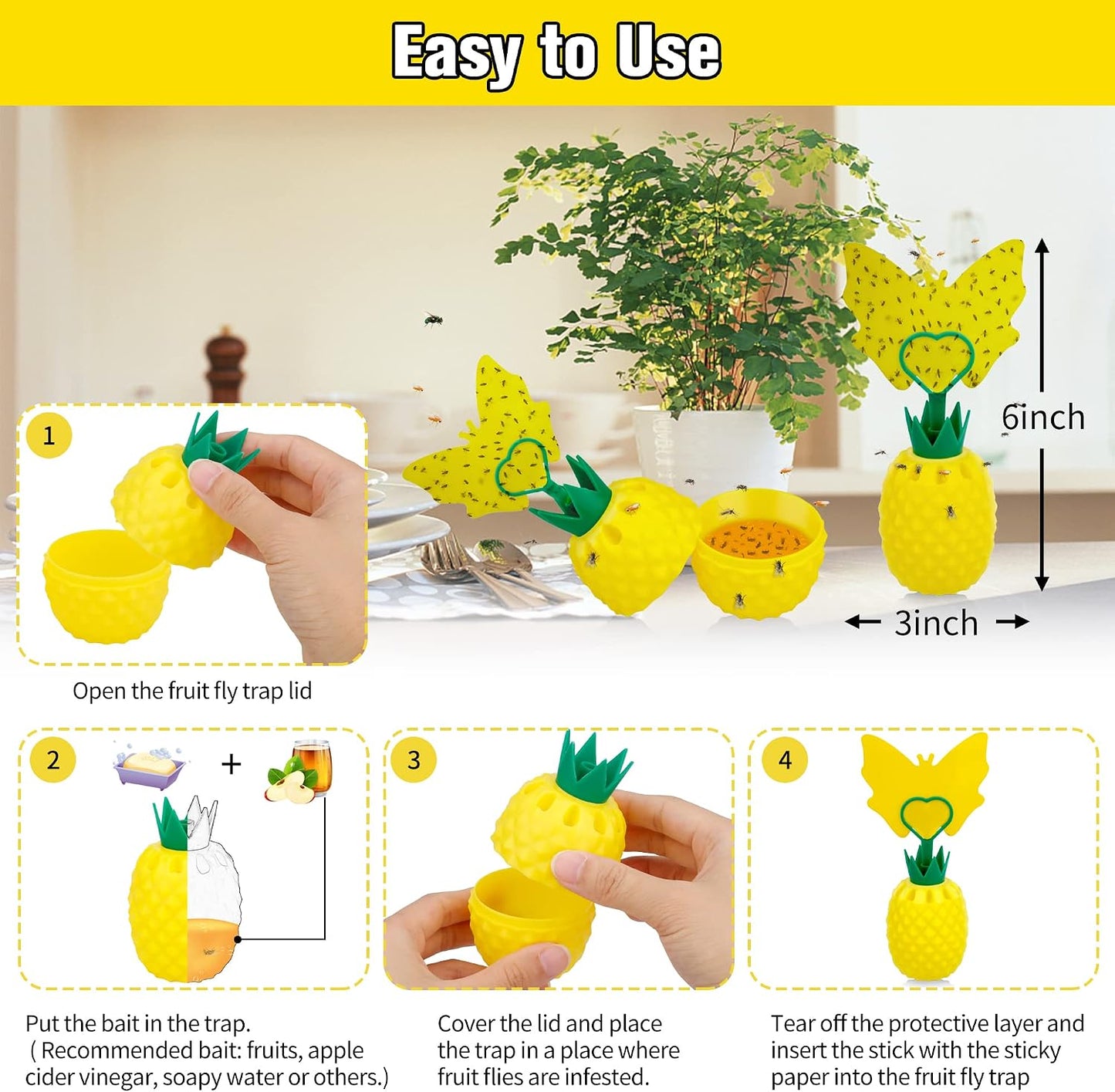 Fruit Fly Trap for Indoors, Effective Fruit Fly Catcher Gnat Killer with Sticker, Gnat Traps for House Indoor with Bait, Non-Toxic Reusable Easy to Use Fly Trap for Kitchen Home-2 Pack