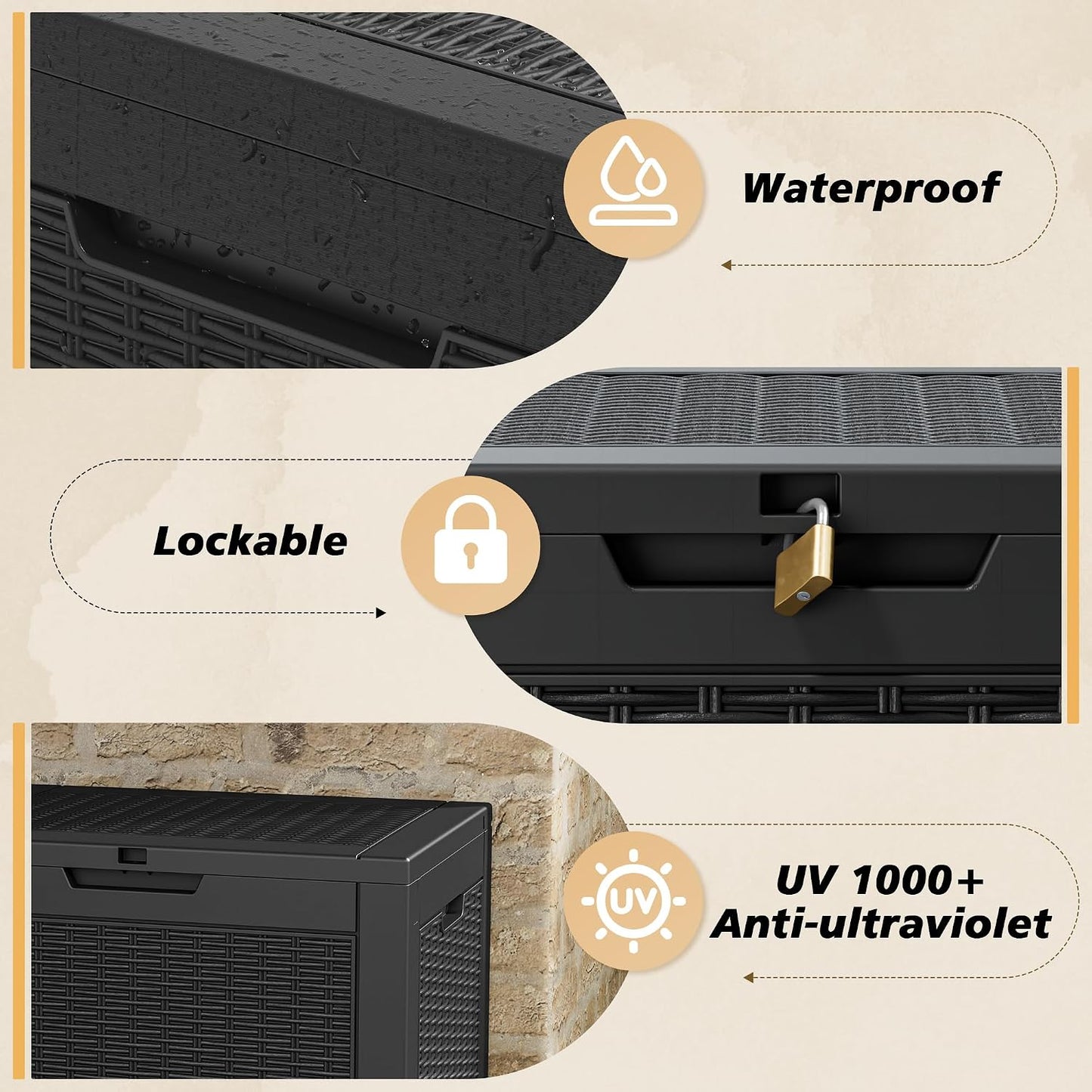 Fancyango 75 Gallon Outdoor Deck Box Waterproof, Large Storage Box for Patio, Resin Storage Bench Lockable for Garden Tools, Package Delivery, Black