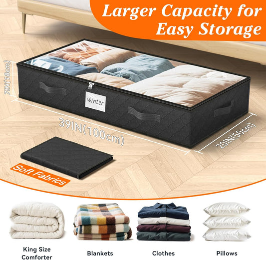 SpaceWhisper 90L Under Bed Storage Containers, 4-Pack Storage Bins with Clear Top, Foldable Closet Organizers and Storage with Label Holder for Clothing, Blankets, Comforter & Pillows (Grey)