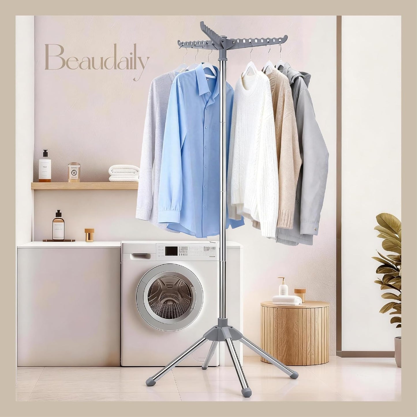 Beaudaily Clothes Drying Rack, Foldable 79.5-Inch Laundry Drying Rack,3 Tie, with Rotatable Arms, Stainless Steel, Holds 27 Clothes,8 Towels and 24 Clips for Hanging Socks, White and Silver