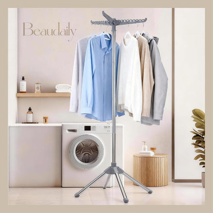Beaudaily Clothes Drying Rack, Foldable 79.5-Inch Laundry Drying Rack,3 Tie, with Rotatable Arms, Stainless Steel, Holds 27 Clothes,8 Towels and 24 Clips for Hanging Socks, White and Silver
