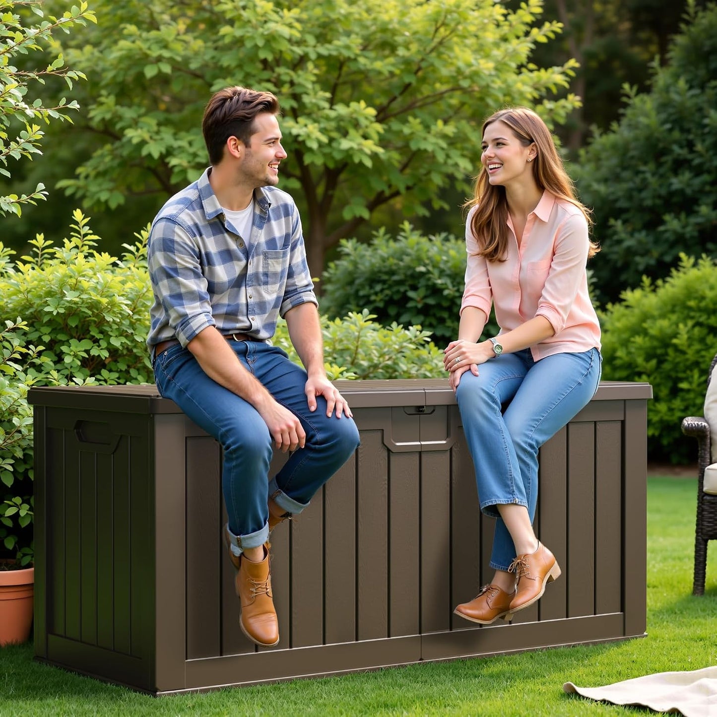 Flamaker Resin Deck Box 120 Gallon Waterproof Large Outdoor Indoor Storage Box Imitation Wood Resin for Patio Furniture Garden Tools and Pool (Black)