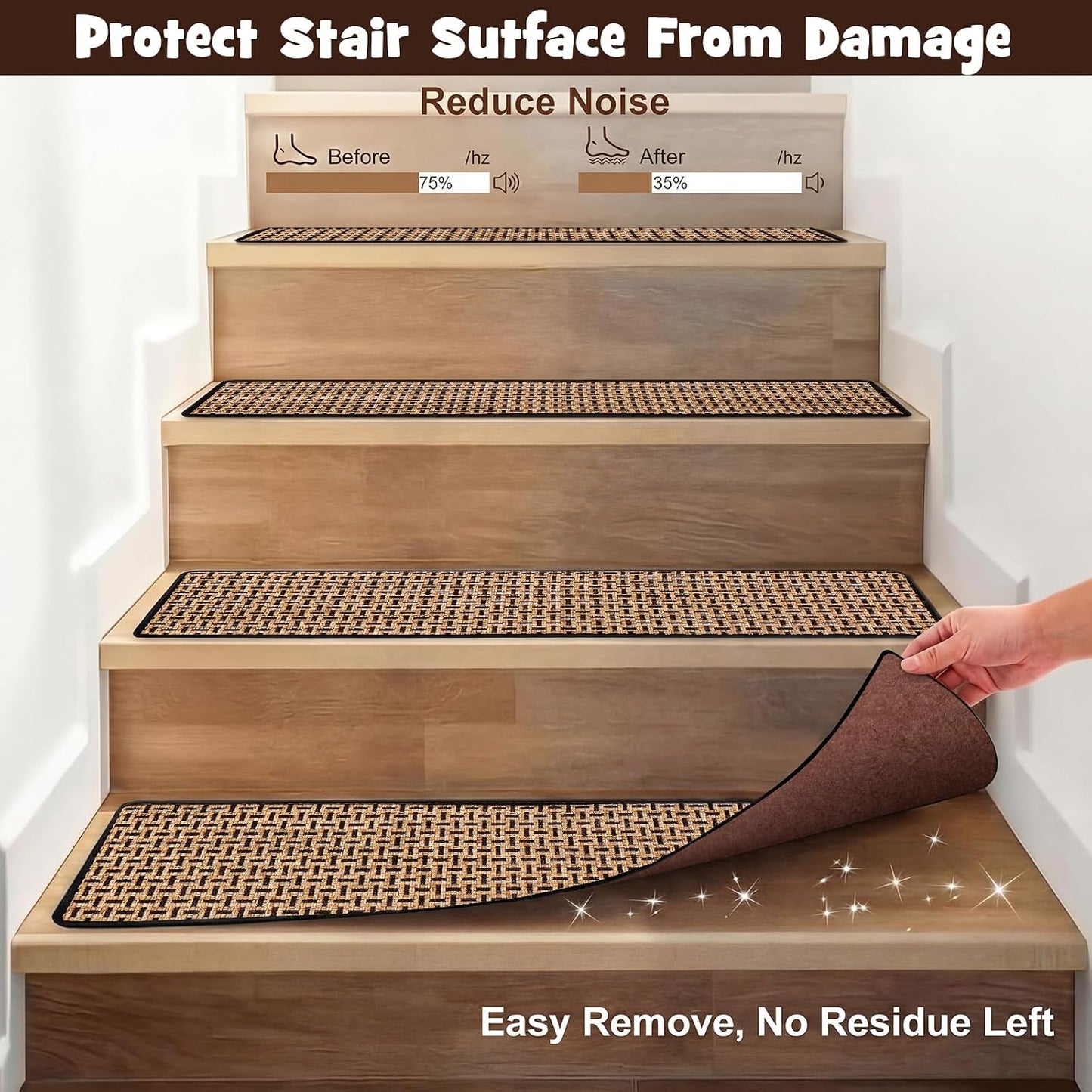 Dunzy 15 Pack Neutral Stair Treads for Wooden Step Self-adhesive Woven Stair Treads Indoor 8x30'' Non-slip Step Carpet Machine Washable Runner Safety Rug Mat for Carpet Elders Pets(Black Coffee Color)