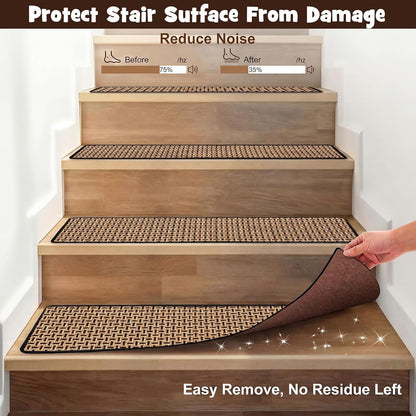 Dunzy 15 Pack Neutral Stair Treads for Wooden Step Self-adhesive Woven Stair Treads Indoor 8x30'' Non-slip Step Carpet Machine Washable Runner Safety Rug Mat for Carpet Elders Pets(Black Coffee Color)