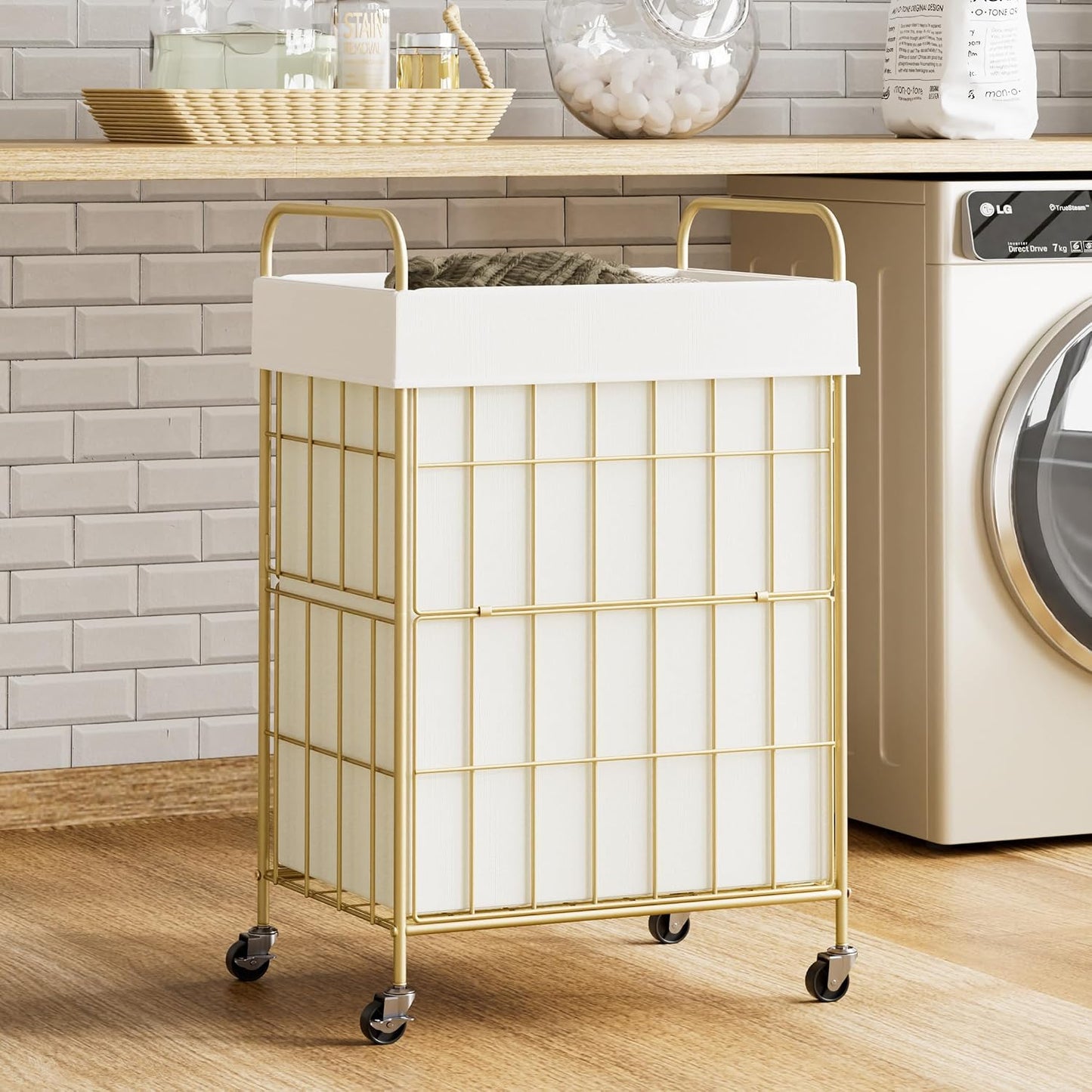 2 Section Laundry Hamper with Wheels and Brake, 100L Laundry Sorter Cart with 2 Removable Liner Bags, Metal Handle, Rolling Laundry Basket for Bedroom Laundry Room