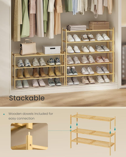 SONGMICS Bamboo Shoe Rack for Closet, Stackable Shoe Oragnizer with Modular Structure, Space-Saving Free Standing Shelf for Entryway Bedroom, 2-Tier, Holds 9-12 Pairs, Natural Color ULBS052YL01