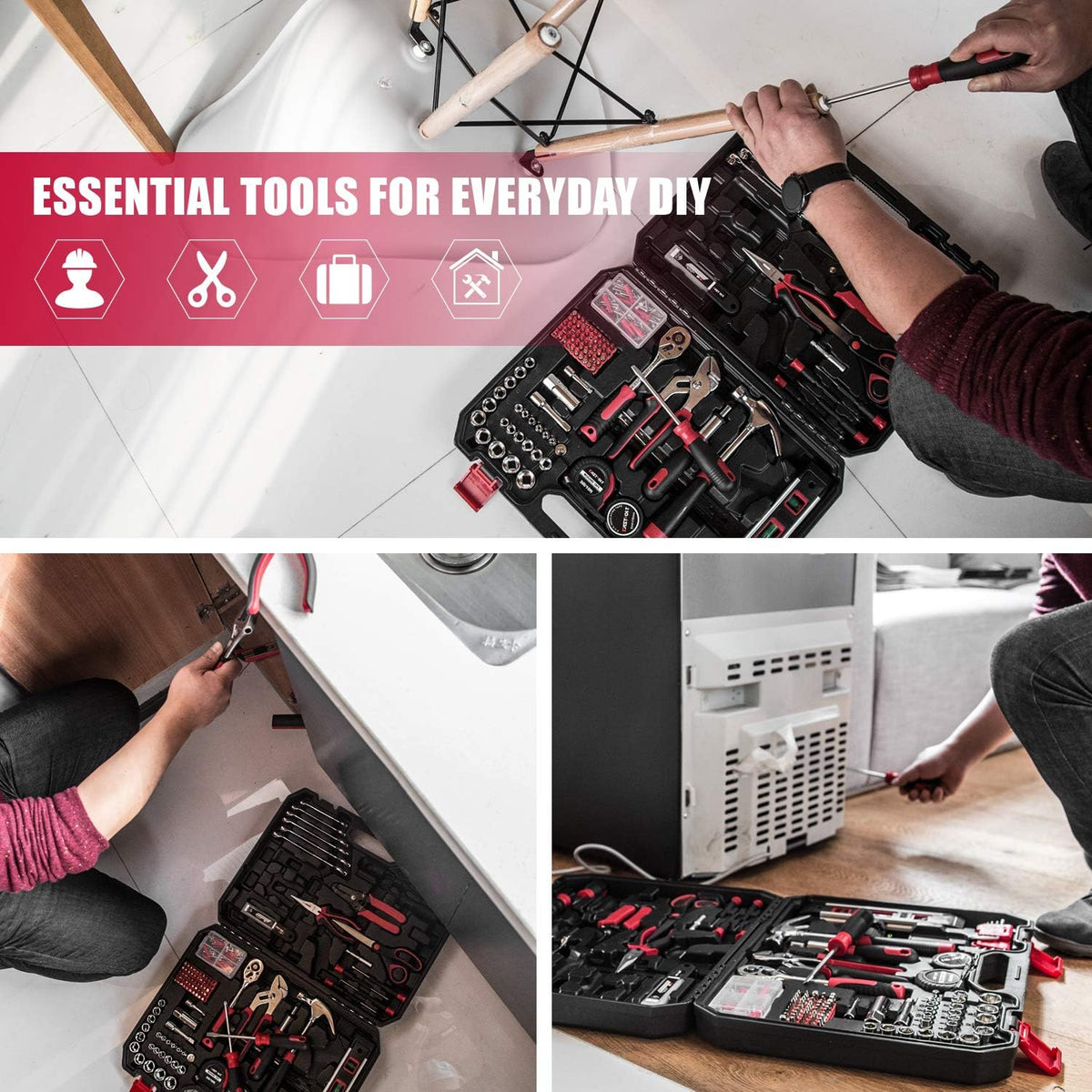 Eastvolt 128-Piece Home Repair Tool Set, Tool Sets for Homeowners, General Household Hand Tool Set with Storage Toolbox, EVHT12801, Black + Red (ASK01)