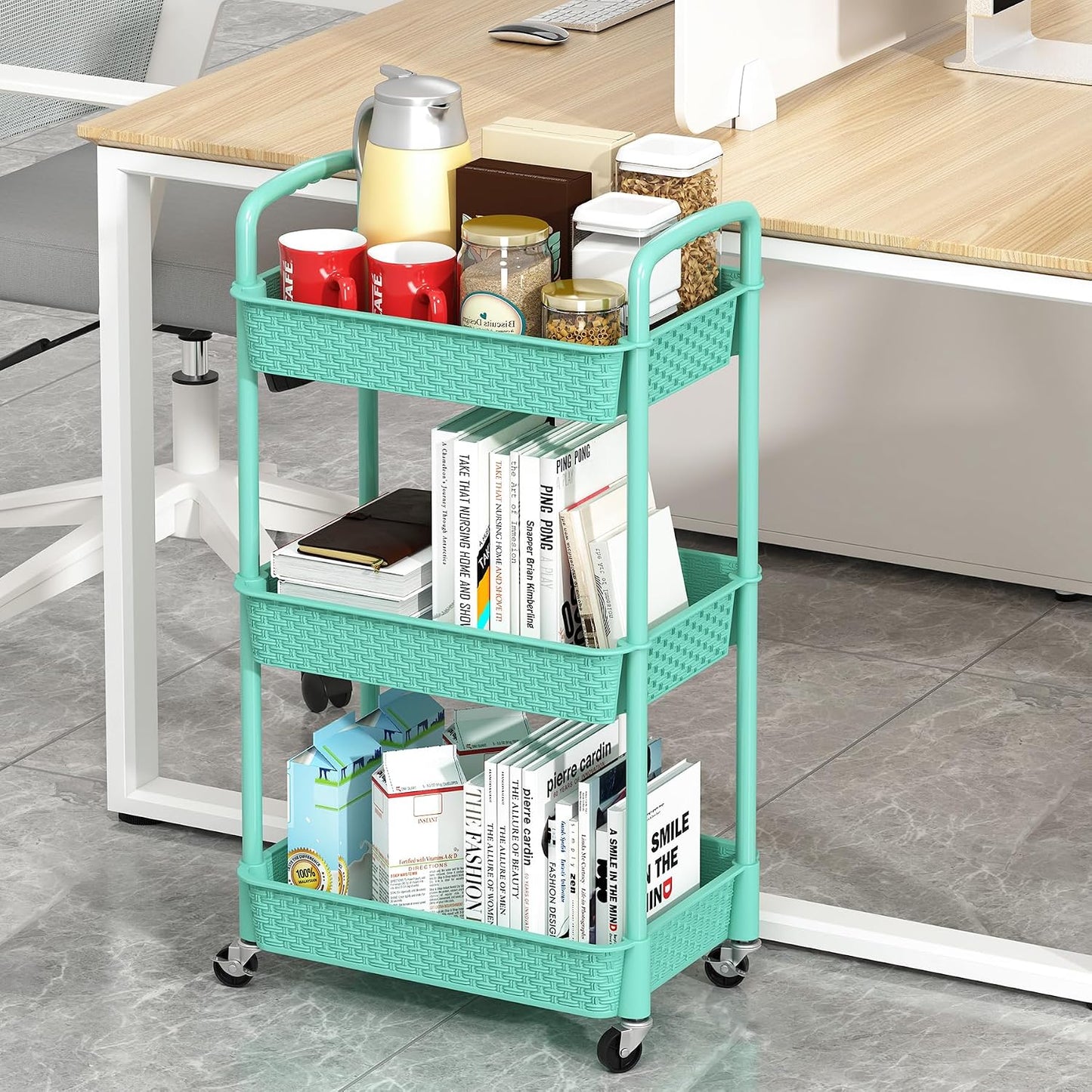 MOYIPIN 3-Tier Plastic Rolling Utility Cart with Handle,Utility Storage Cart for Office, Living Room, Kitchen,Movable Storage Organizer Shelves,White