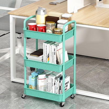 MOYIPIN 3-Tier Plastic Rolling Utility Cart with Handle,Utility Storage Cart for Office, Living Room, Kitchen,Movable Storage Organizer Shelves,White