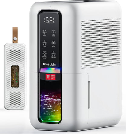 Dehumidifier for Home, Dehumidifiers for Bathroom, Bedroom, Living room, Closet with 68 OZ Water Tank, Moisture Absorbers, Auto Shut Off, Auto Humidity Control, 7 Colors LED Light, Black and White