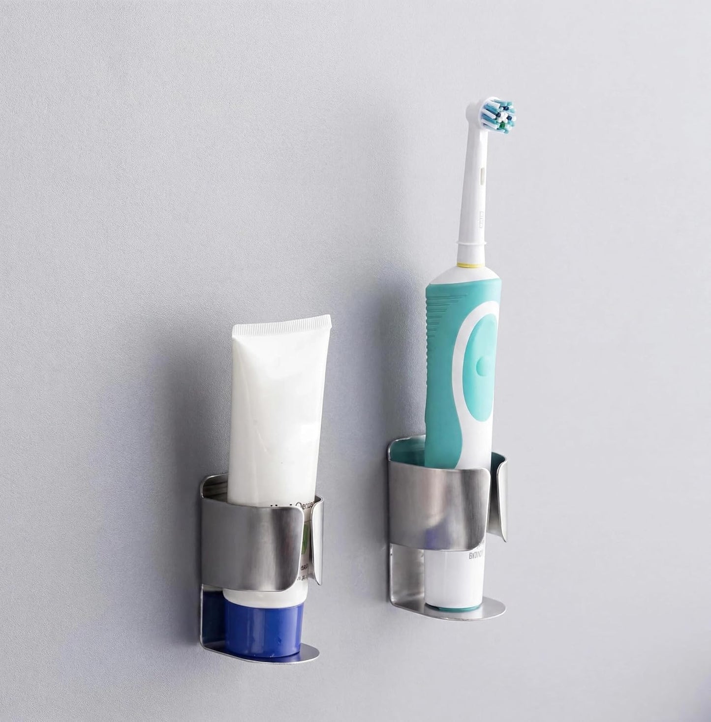 Electric Toothbrush Holder Wall Mount – No Drill 304 Stainless Steel Self Adhesive Bathroom Organizer for Toothbrush/Toothpaste/Facial/Razor – Space Saving Waterproof Rustproof – Silver 2-Pack