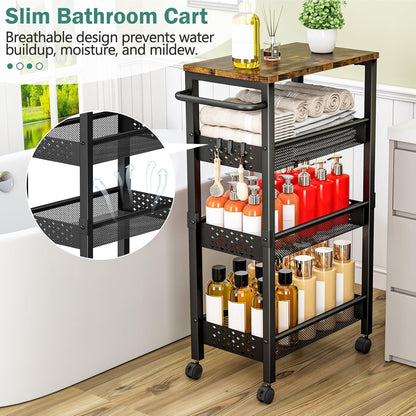 Vivihomety Utility Slim Storage Cart with Wheels, 4 Tier Small Rolling Cart with Wood Top, Metal Kitchen Bathroom Laundry Room Organization Trolley with Handle for Narrow Space – Black