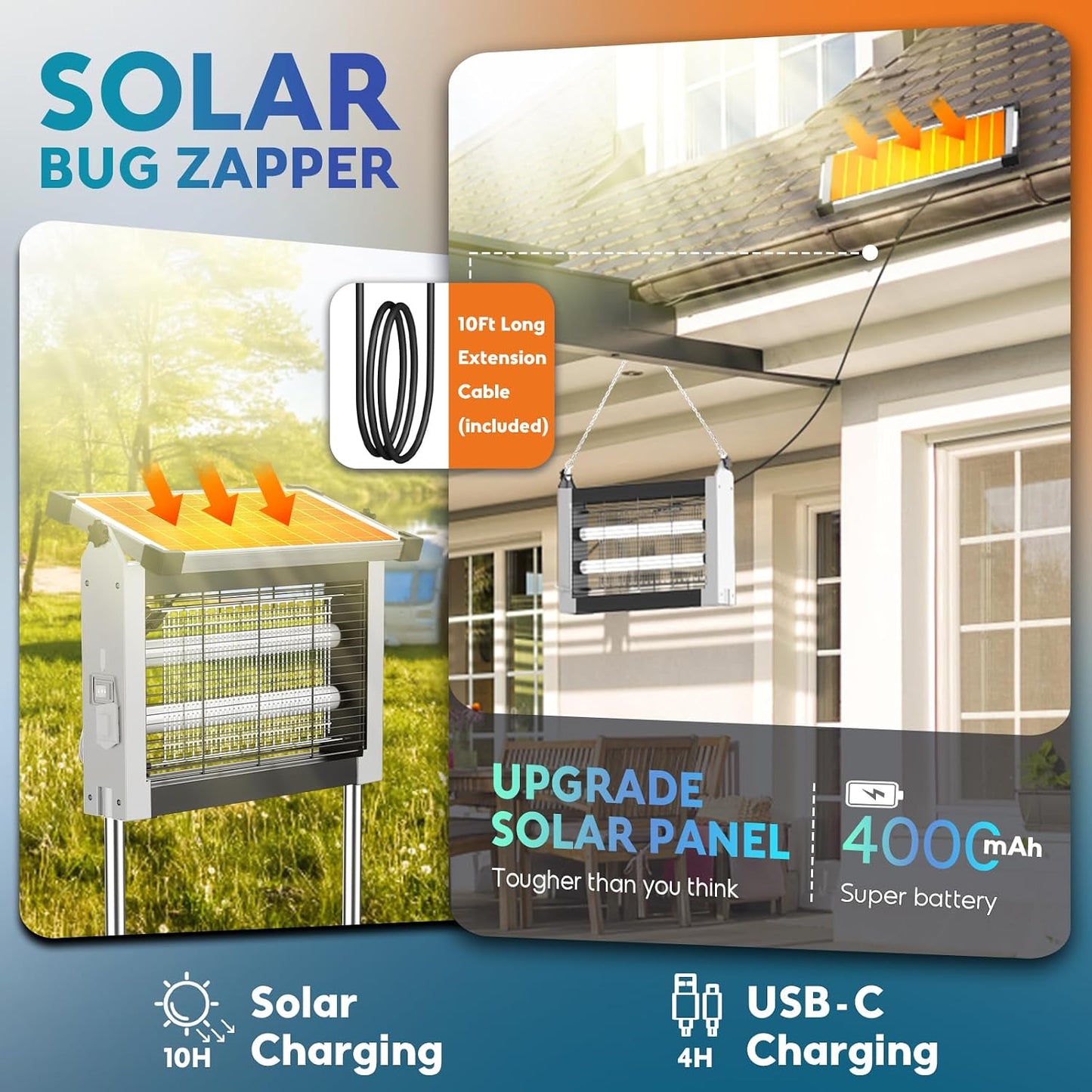 Solar Bug Zapper Outdoor, PhatroyYee Mosquito Zapper 4500V, Waterproof Portable Fly Zapper, Rechargeable Electric Mosquito Killer, Cordless Fly Insect Mosquitos Trap for Patio Yard Home Garden Camping
