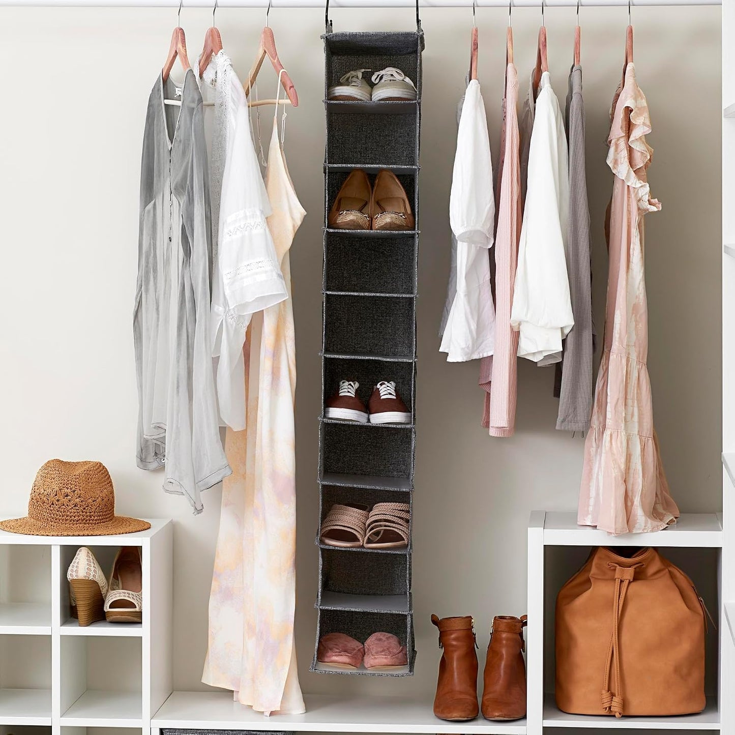 Household Essentials 311322 Hanging Shoe Storage Organizer for Closets |10 Pocket Shelves | Natural Canvas