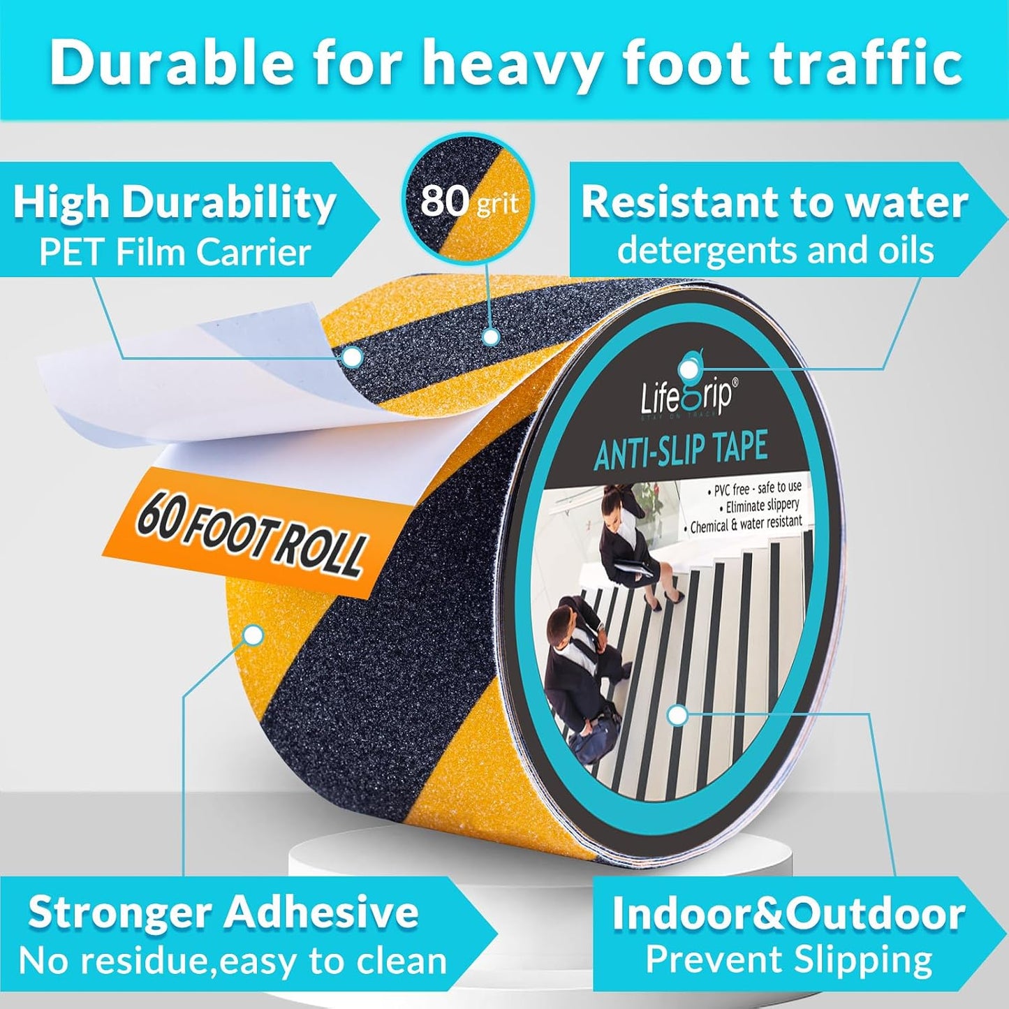 Lifegrip Anti Slip Tape, 4 Inch x 15 Foot Non-Slip Traction Grip Tape for Stairs, Waterproof Stair Treads Grip Non Slip, Non Skid Tape for Steps, Outdoor Black Grip Tape (4" X 15')