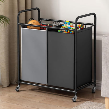 SUOERNUO Laundry Sorter Basket 2 Bag Laundry Hamper Cart with Rolling Lockable Wheels and Removable Bags Laundry Organizer Cart for Clothes Storage, Assorted