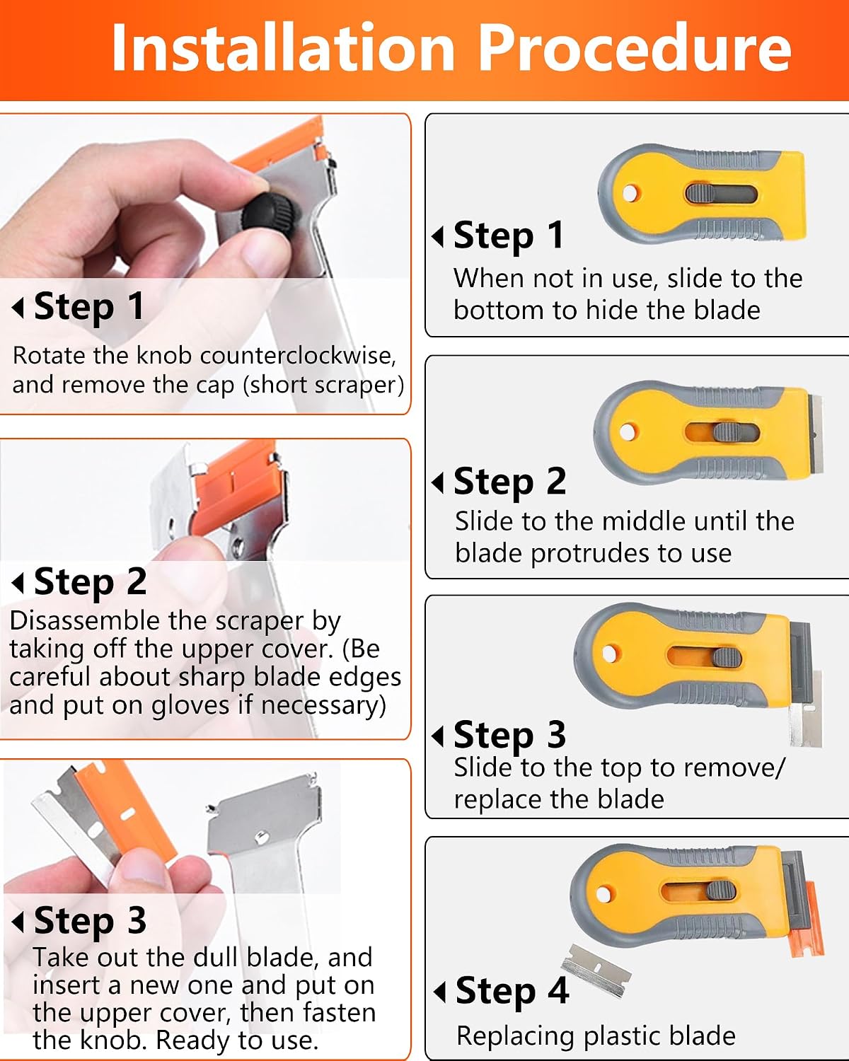2 Pack Razor Blade Scraper with 10 Plastic and 20 Metal Blades for Removing Paint, Registration Sticker, Grease from Windshield, Glass Top Stove Cooktop Scraper