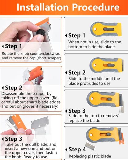 2 Pack Razor Blade Scraper with 10 Plastic and 20 Metal Blades for Removing Paint, Registration Sticker, Grease from Windshield, Glass Top Stove Cooktop Scraper