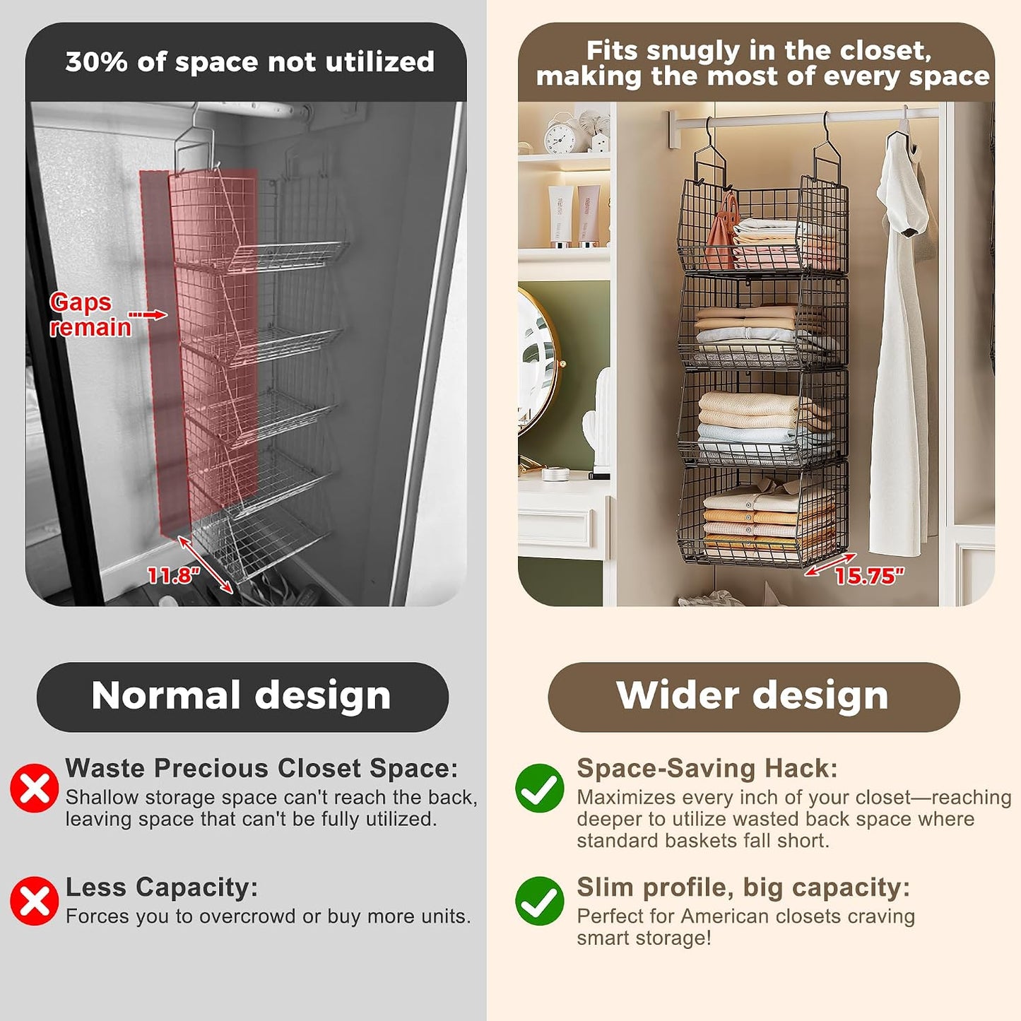 8-Tier Extended Depth Hanging Closet Organizers and Storage for Closet System, Stackable Closet Shelves with 4 Adjustable Dividers for Clothes Sweaters Purses, Wire Hanging Basket Fits Closet Laundry