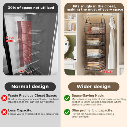 8-Tier Extended Depth Hanging Closet Organizers and Storage for Closet System, Stackable Closet Shelves with 4 Adjustable Dividers for Clothes Sweaters Purses, Wire Hanging Basket Fits Closet Laundry