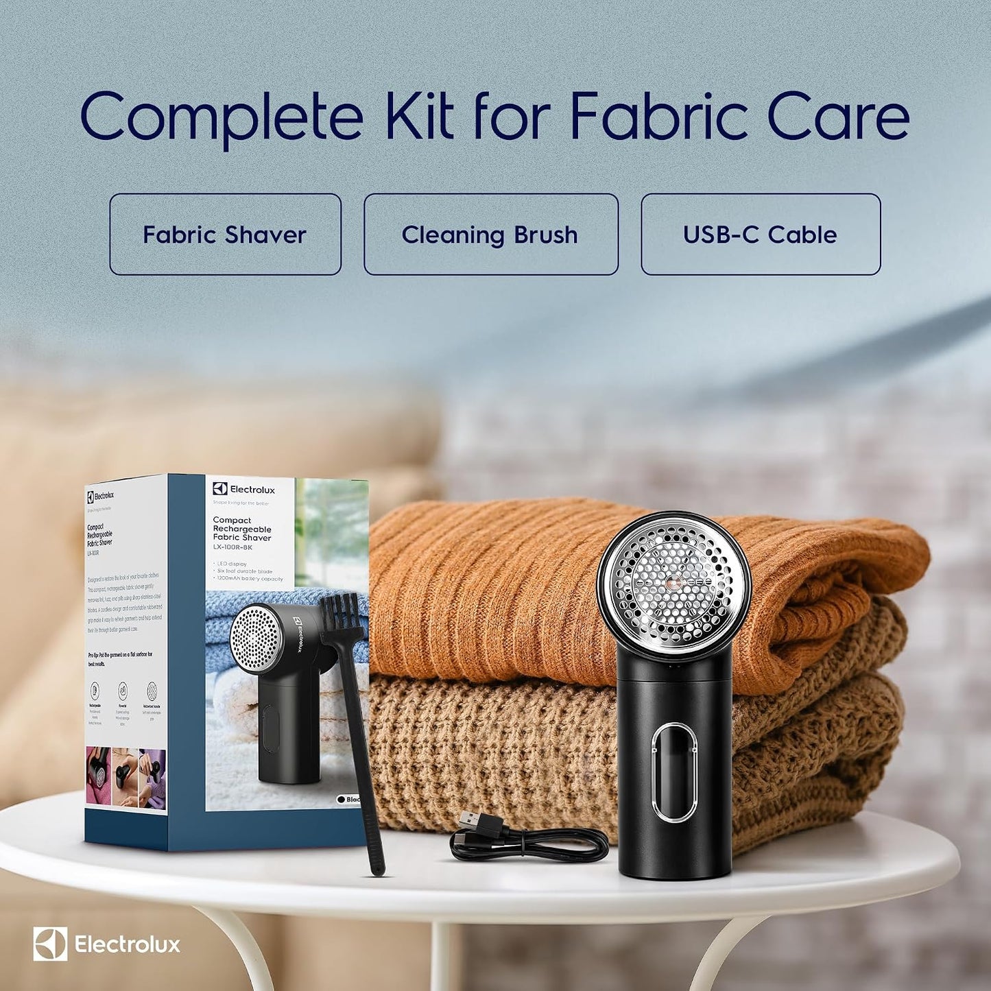 Electrolux Rechargeable Fabric Shaver | Compact Travel Lint Remover for Clothes & Furniture | Eliminates Fuzz & Pilling | 3-Speed Electric Lint Shaver with Type-C Fast Charging Port - Blue