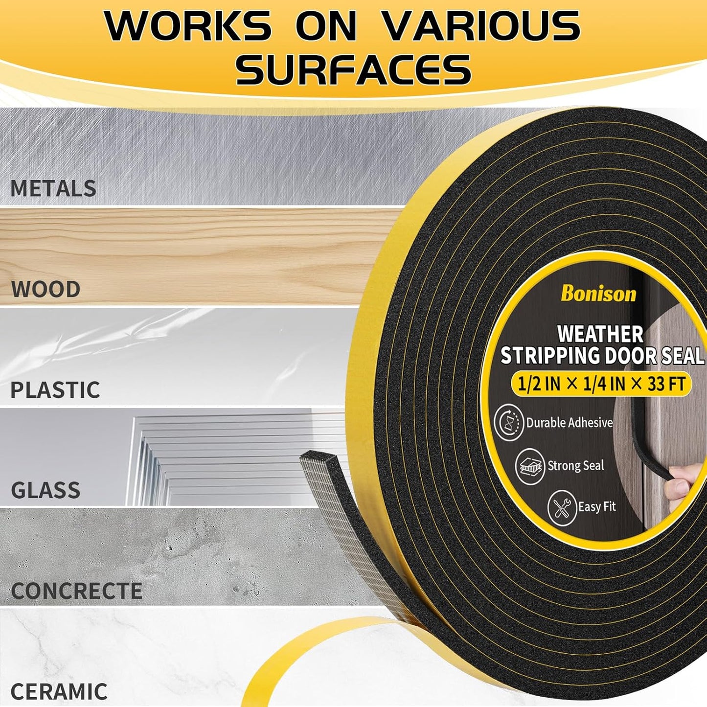 26Ft Weather Stripping Door Seal - 1/2" x 1/4" Door Seal Strip for Door Frame, High Density Foam Insulation Tape, Self Adhesive, Soundproof Gap Filler for Doors, Windows, Sliding & AC Units, White