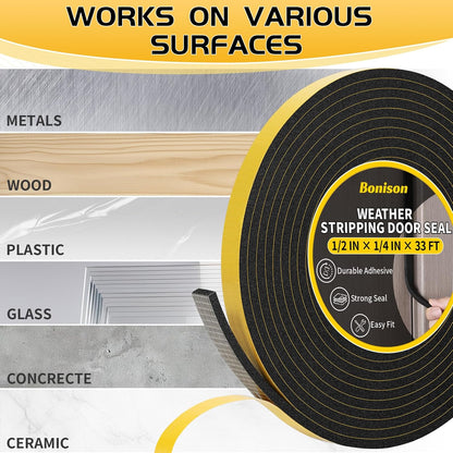 26Ft Weather Stripping Door Seal - 1/2" x 1/4" Door Seal Strip for Door Frame, High Density Foam Insulation Tape, Self Adhesive, Soundproof Gap Filler for Doors, Windows, Sliding & AC Units, White