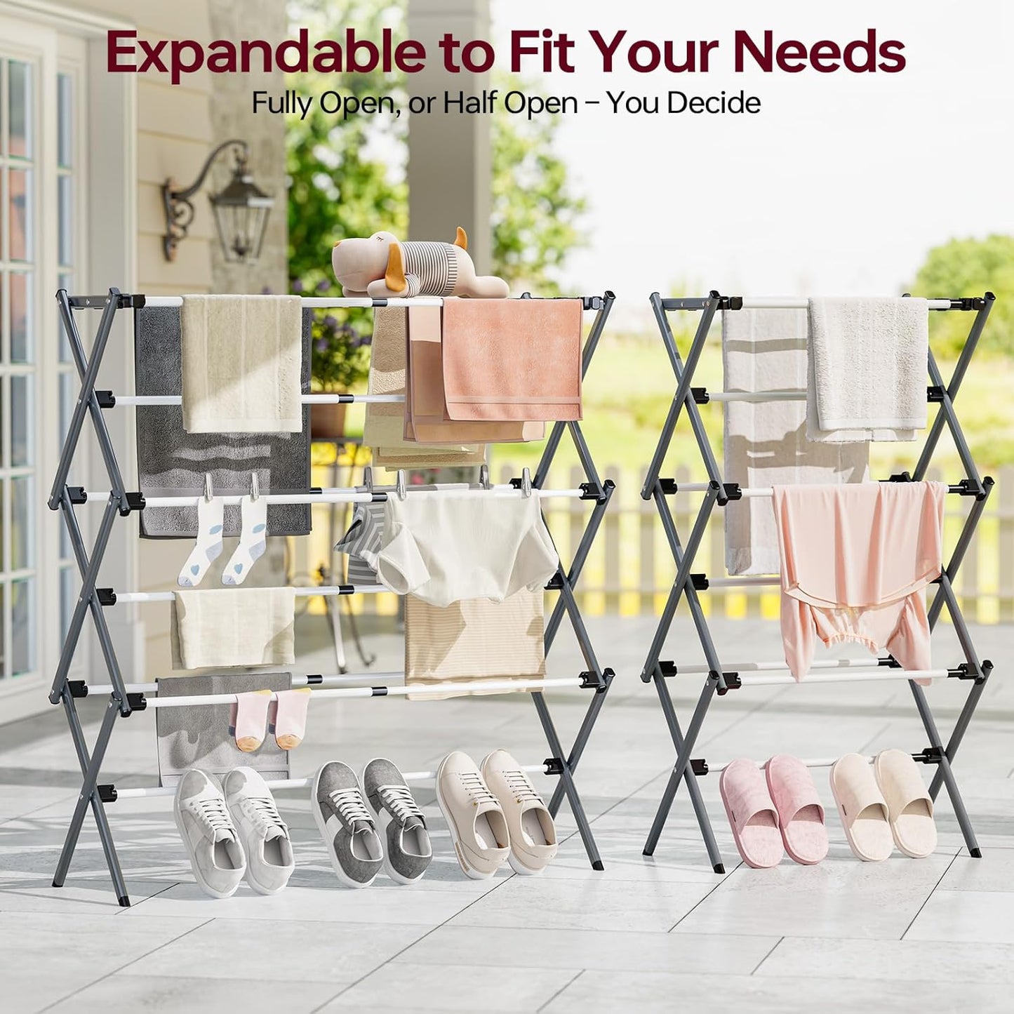 APEXCHASER Extra Large Clothes Drying Rack, Foldable & Extendable Laundry Rack with Adjustable Size (20.87"-35.43" L), Space-Saving, Rust-Resistant Frame for Indoor/Outdoor Use, White