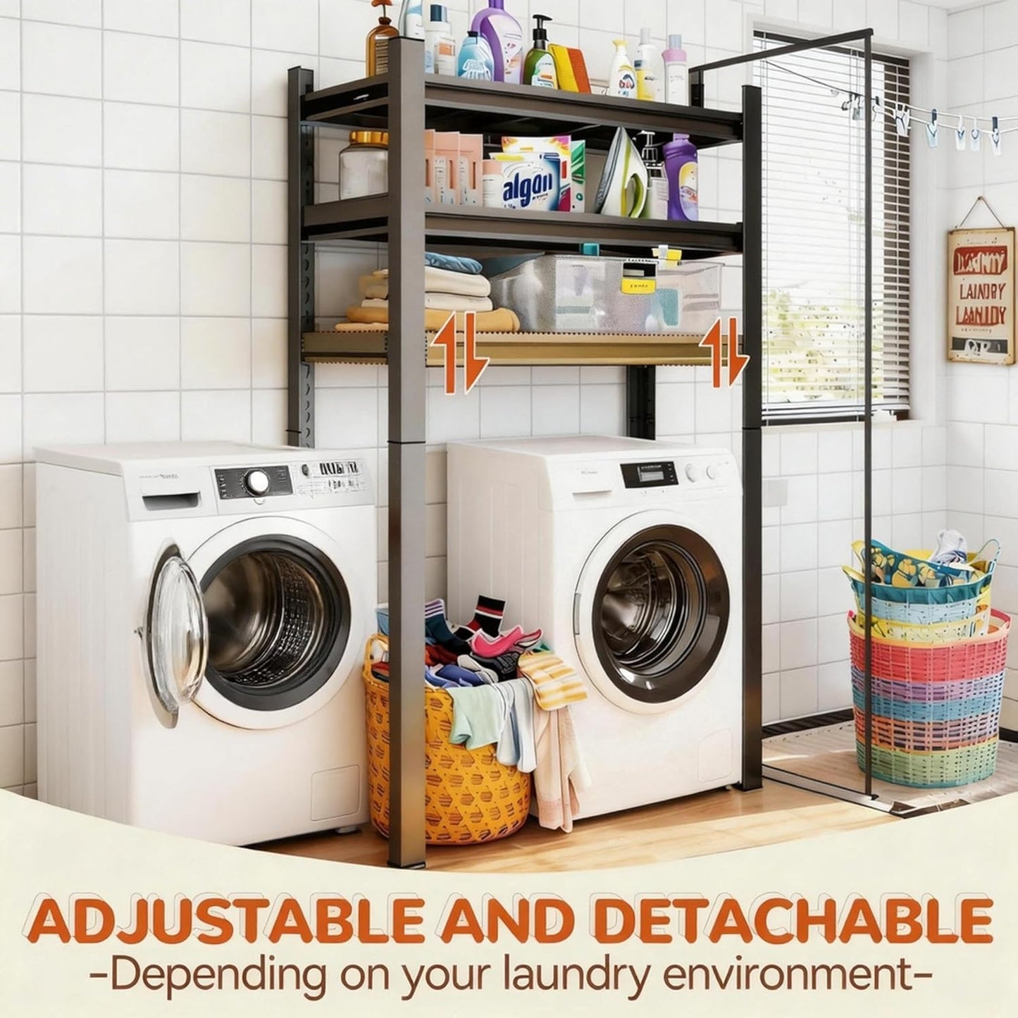Over Washer and Dryer Shelves,5 Tier Adjustable Height Laundry Room Shelf and Storage,Metal Washing Machine Shelves Space Saver for Bathroom Over Toilet,Black (71×39×20in)