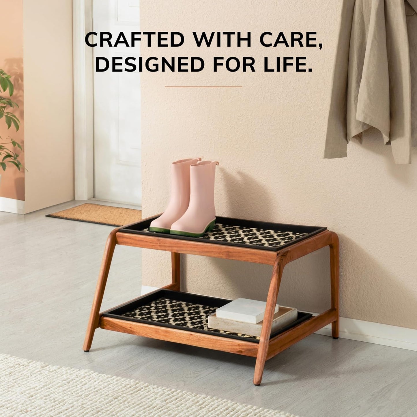 Anji Mountain Heavy Duty Waterproof Wooden Shoe Storage Mat Organizer/Boot Storage Tray Multi Use for Entryway with Coir, Tan Rectangle Embossed Insert, 1 Tier, Fits 2 Pair (26.5" Wide)