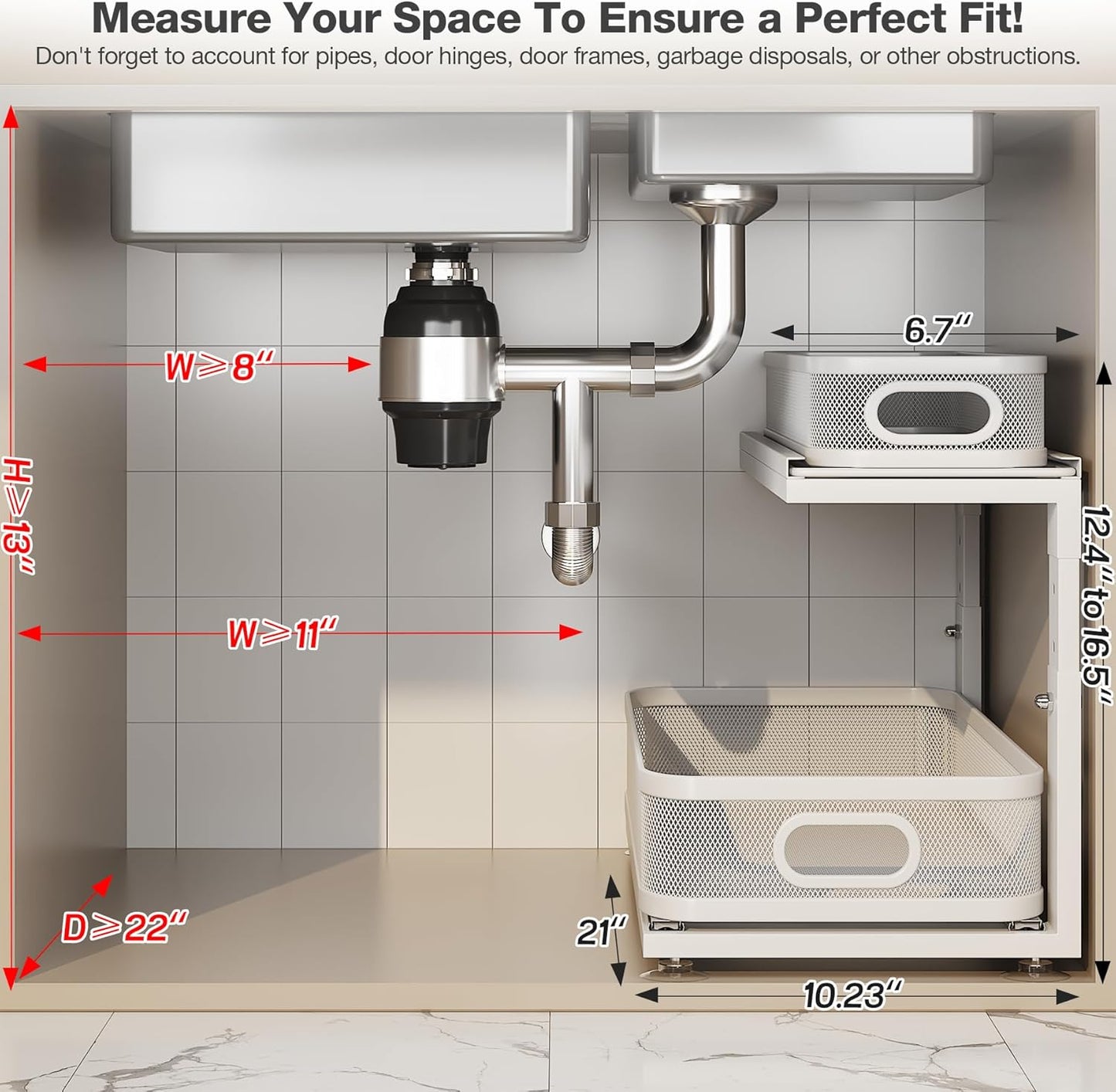2 Pack 18.5IN-Depth Under Sink Organizer With Next-Gen Ball-Bearing Slides,2-Tier Precision Mesh Pull Out Cabinet Storage for Bathroom&Kitchen,Height Adjustable Drawers Shelf,Anti-rust-White