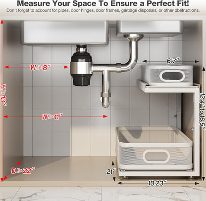 2 Pack 18.5IN-Depth Under Sink Organizer With Next-Gen Ball-Bearing Slides,2-Tier Precision Mesh Pull Out Cabinet Storage for Bathroom&Kitchen,Height Adjustable Drawers Shelf,Anti-rust-White