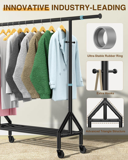 Upgraded 100% Stainless Steel Clothing Rack Load 760LBS, Heavy Duty Clothes Racks with Larger & Sturdy Wheel, Extendable & Adjustable Rolling Garment with Shelves for Hanging Portable Closet Rack