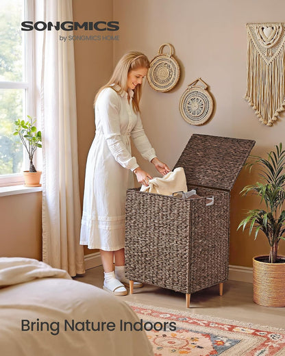 SONGMICS Laundry Hamper 3 Sections, 47.5 Gal. (180 L) Handwoven Water Hyacinth Wicker Laundry Basket with Lid, Natural Material, Removable Machine Washable Liners, Handles, Natural ULCB203Y01