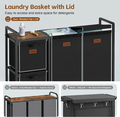Hoctieon 4 Section Laundry Cart, 48 Gal. (182L) Laundry Hamper with Lid, Laundry Basket with Wheels, Rolling Laundry Sorter Organizer with Shelf, Clothes Separator with Removable Bags, Black
