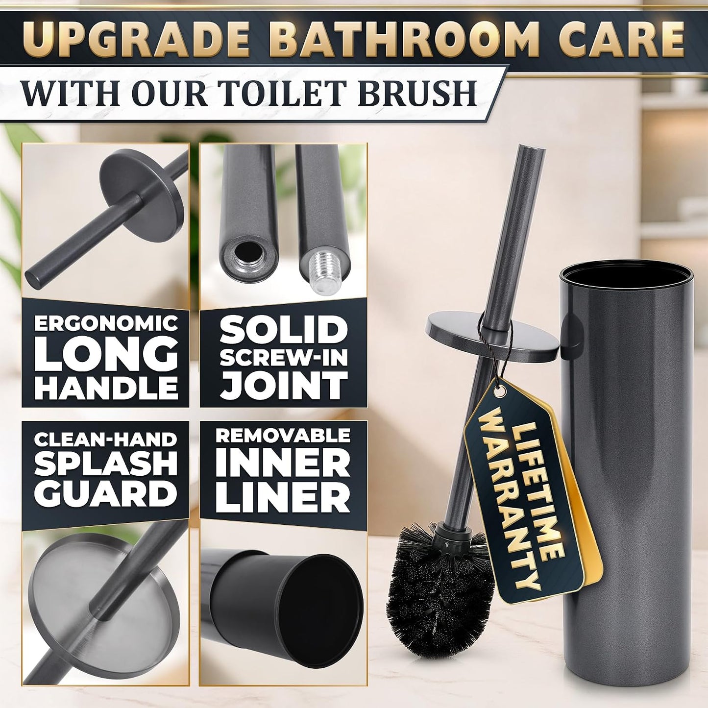 Black Toilet Brush and Holder Set - Slim Matte Design that Fits Anywhere - Stainless Steel Toilet Bowl Brush and Holder with 2 Rounded Corners, Replaceable Head, Removable Inner Bowl & Splash Guard