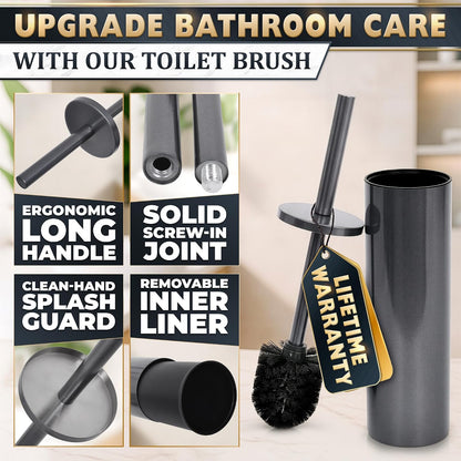 Black Toilet Brush and Holder Set - Slim Matte Design that Fits Anywhere - Stainless Steel Toilet Bowl Brush and Holder with 2 Rounded Corners, Replaceable Head, Removable Inner Bowl & Splash Guard