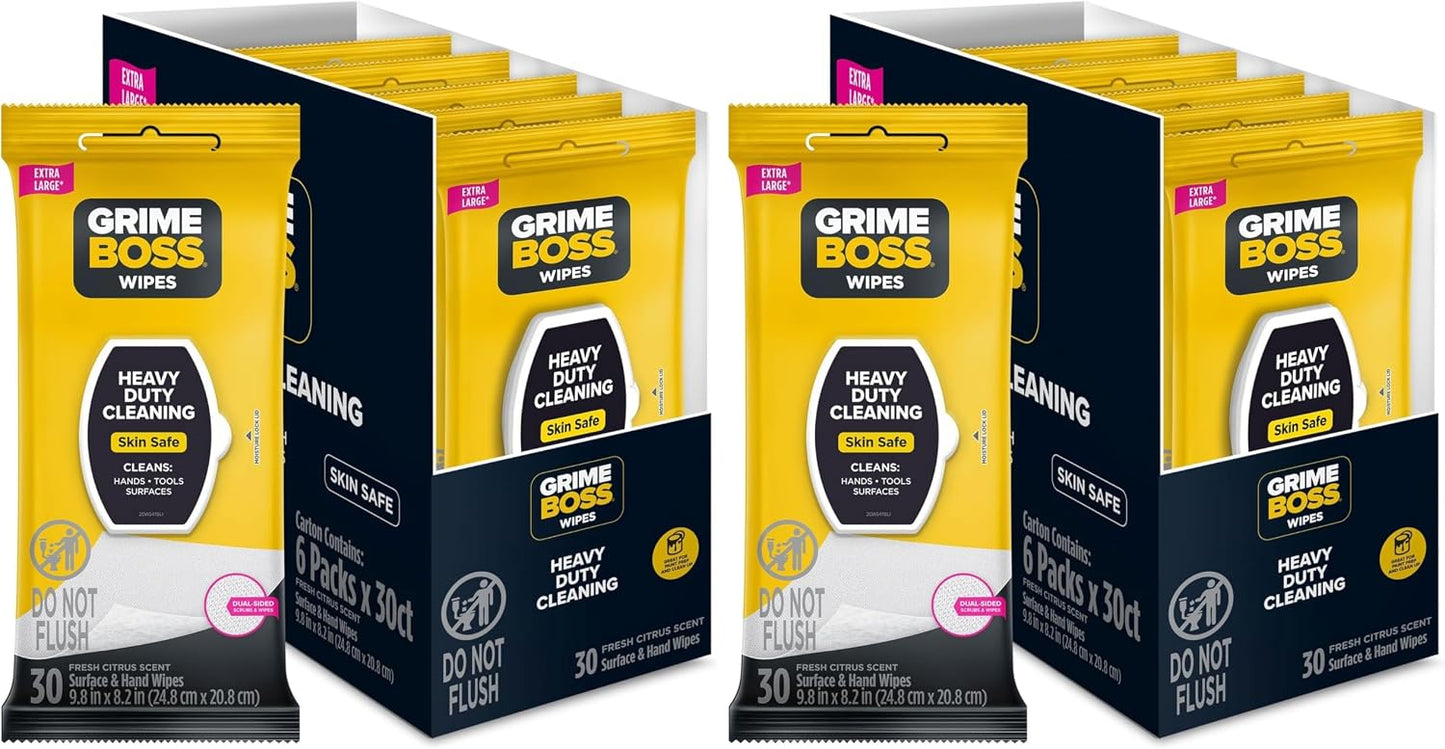 Grime Boss Heavy Duty Surface and Hand Wipes (2x60ct) | Remove Paint, Oil, Grease, Adhesives, Mud, Dirt | Workshop Replace Cleaners like Rags, Towels, Pumice, Soap