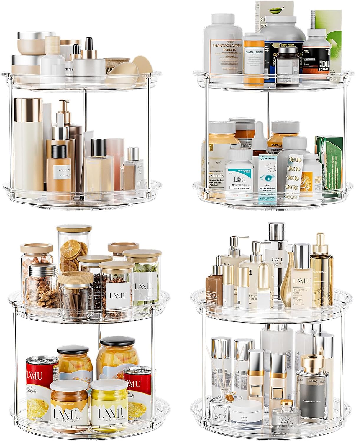 LAMU 2 Tier Lazy Susan Turntable Organizer for Cabinet, 9'' Rotating Spice Rack for Kitchen, Pantry, Countertop, Bathroom, Vanity, Under Sink, Medicine Cabinet Organizer, 1 Pack